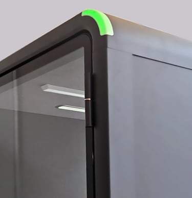 Exterior pod corner with green/red occupancy indicator light