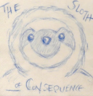Drawing of stuffed sloth with title text