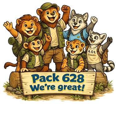 Cartoon animals celebrating together behind a sign that reads “Pack 628, we’re great!”