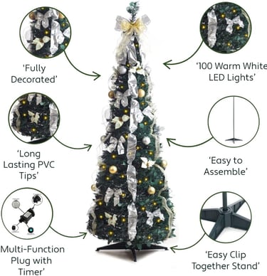 Pre-Decorated & Pre-Lit Snow Flocked, Readya christmas tree with a white ribbon and gold decorations