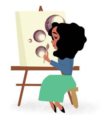 a woman is sitting at a table with a paintbrush. By Diane Mulolo Faida