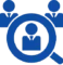 Blue icon depicting three people with a magnifying glass focusing on the central person.