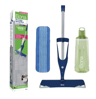 a blue and white mop with a cleaning mop and a cleaning brush