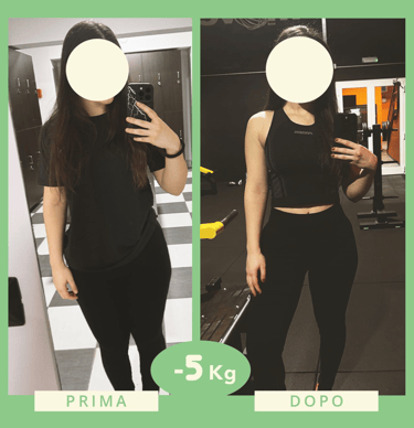 "Trasformazione fisica prima e dopo il percorso nutrizionale con perdita di 5 kg"