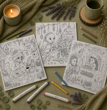 interior pages of whimsical woodland magic coloring book, showing a raccoon witch, a shaman badger