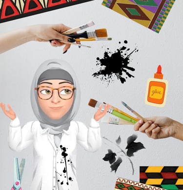 An illustrated avatar of a woman in a hijab surrounded by paintbrushes, scissors, glue, and patterns.