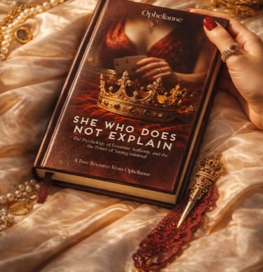 Ophelianne book "She Who Does Not Explain" on silk fabric surrounded by gold jewelry and pearls
