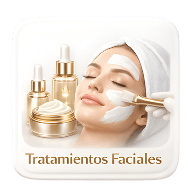 Mujer recibiendo tratamiento facial con mascarilla blanca, cremas y sérums de lujo para cuidado de la piel.