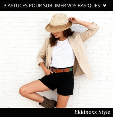 Femme stylée transformant un basique blanc avec accessoires colorés et layering chic, astuce mode 