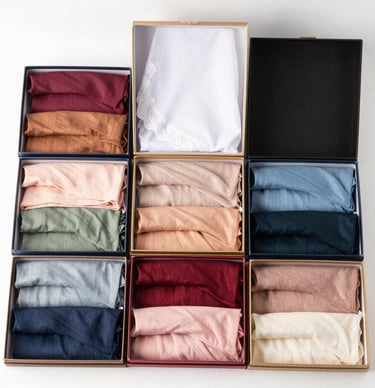 Display of folded mastour clothing items showcasing gentle fabrics and subtle colors on a wooden table.