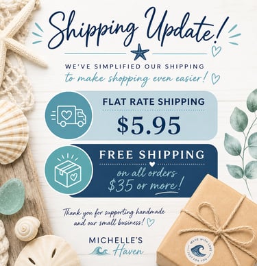 Michelle's Haven shipping update showing $5.95 flat rate and free shipping on orders over $35.