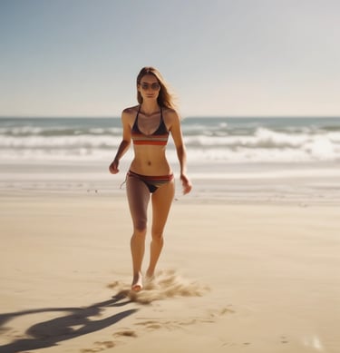 "A sunny beach scene with a woman running in the background wearing a bikini, slightly blurred to cr