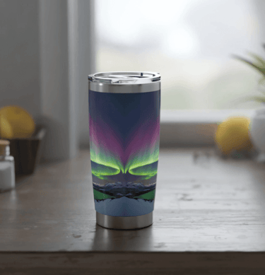 a 20oz Tumbler of coffee with a colorful aurora