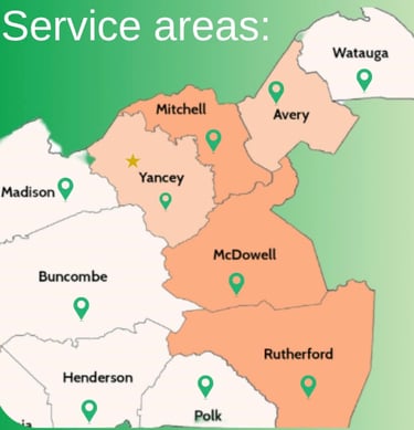 A map of WNC for Jack’s Locksmith native and local services in Buncombe, Henderson, Polk, Mitchell, Yancey, Avery county