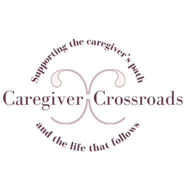 mauve logo: Caregiver Crossroads, 2 stems crossing, "Supporting the caregiver's path - and the life that follows" encircling