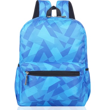 a light blue school bags with print pattern and compartment