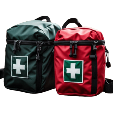first aid bags in red and green color with first aid logo