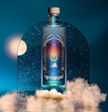 Bottiglia di Gin Mezzanotte su sfondo stellato
