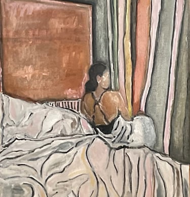 a painting of a woman sitting on a bed