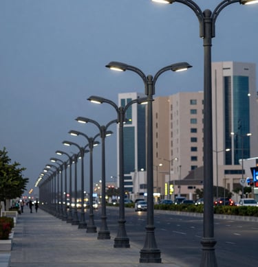 Wide shot of a row of elegant decorative street lamps installed along a modern boulevard in Riyadh, Middle Eastern / Gulf architecture in the background, dusk lighting, professional urban infrastructure look, dark charcoal and slate blue color palette.