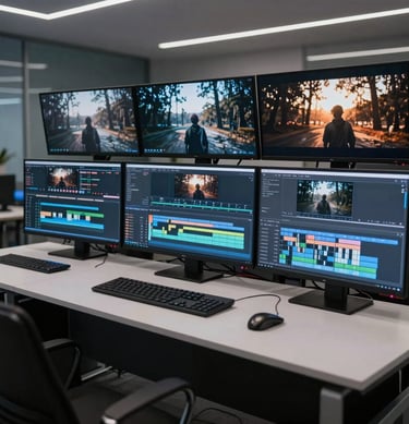 A wide-angle shot of a sleek, modern video editing suite featuring multiple monitors displaying cinematic timelines.