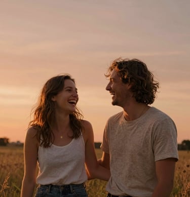 A candid shot of a couple laughing together in a sun-drenched meadow, warm terracotta tones in the sunset, authentic human connection.