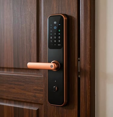 Close-up of a high-tech smart lock on a dark wood door in a South American / Brazilian luxury apartment, soft orange accent light on the handle.