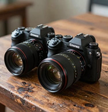 Close-up artistic photography of two professional cameras sitting on a weathered wooden table in a North American / US studio, soft morning light, Dark Charcoal and Olive Green accents.