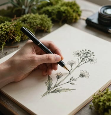 A lifestyle photograph of an artist's hand holding a fine liner pen over a sketch of a wildflower. The lighting is diffused and elegant, highlighting the soft moss green and cream tones of the workspace.