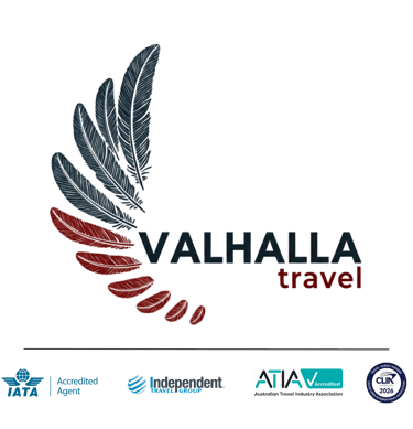 Dark logo for Valhalla Travel with Blue and Red detail and logos for IATA, CLIA, ATIA and Independent Travel Group