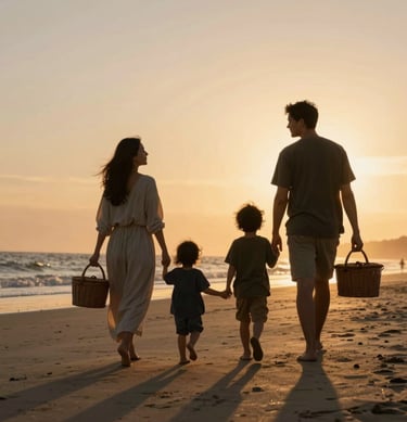 A family walking along a soft sand beach at golden hour, carrying a picnic basket. Authentic interaction with a focus on warm natural light and charcoal-colored silhouettes against the setting sun.