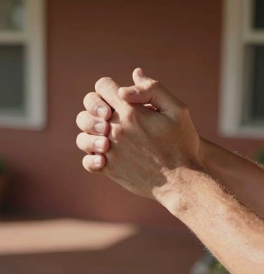 Close-up candid shot of hands intertwined, sunlight filtering through, cinematic and warm, North American porch setting, earthy terracotta tones.