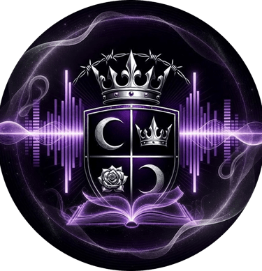 Vaeloria's crest of 2 moons, a crown and rose set in a shield with wings. a crown under barbed wire sit at the top