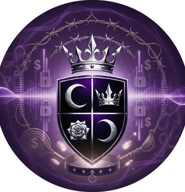 Vaeloria's crest of 2 moons, a crown and rose set in a shield with wings. a crown under barbed wire sit at the top