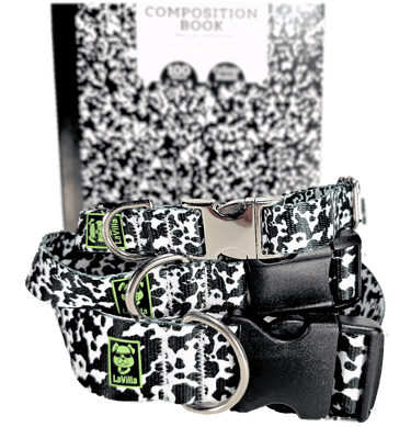 A black and white Dog collar in the classic composition notebook design..