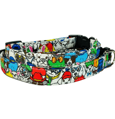 A Dog collar with colorful well dressed dogs
