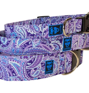 A violet and blue paisley dog collar