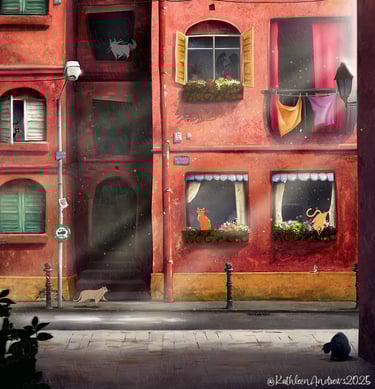 Illustration european street with playful cats windows apartment paris streets cartoon artwork art