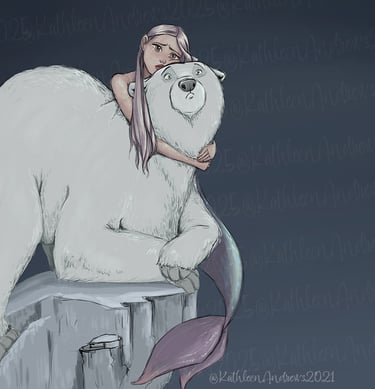 Illustration Mermaid purple hair hugs polar bear on iceberg fantasy illustration