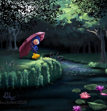 Child yellow rain boots holds umbrella smiling magical forest by lily pond illustration