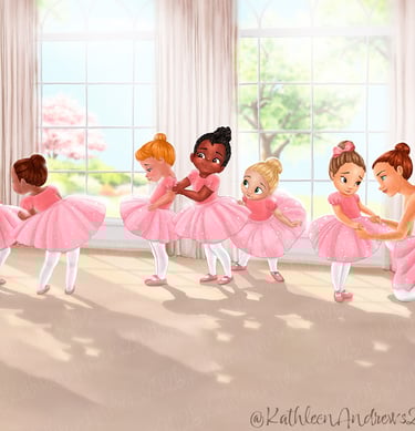 Illustration of diverse young ballerinas in pink tutus in sunny studio with teacher artwork art children's book art