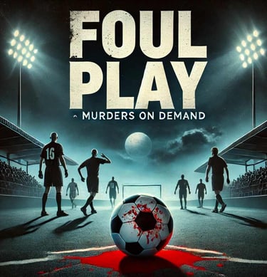Foul Play Murders on Demand poster featuring a bloody soccer ball in a stadium at night.