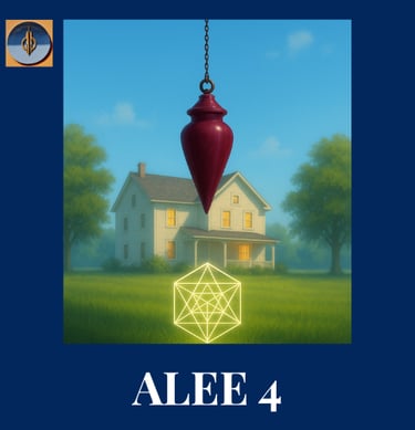 Une maison lumineuse dans un beau jardin verdoyant et un pendule en premier plan, un symbole de Mét