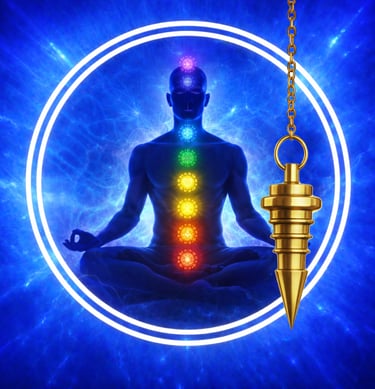 Un homme avec les 7 chakras assis dans deux cercles blancs