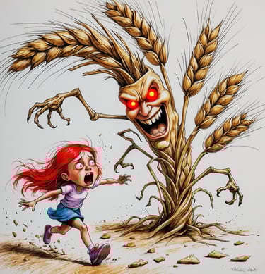 Vignetta con una bambina che scappa terrorizzata da una spiga di grano che sembra uno zombie