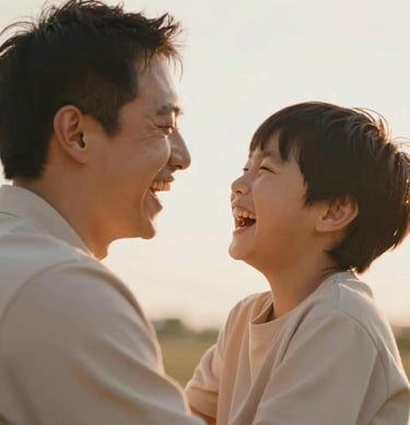 Spontaneous laughter between a father and son, backlit by the sun, cinematic and heartfelt, warm sandy palette.