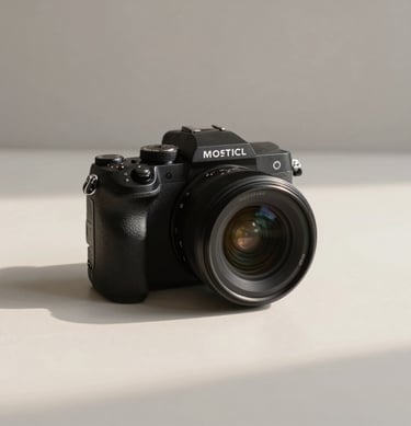 A modern mirrorless camera body sitting on a clean, minimalist off-white surface, soft directional light casting gentle shadows, professional and sophisticated atmosphere.