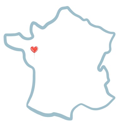 Icône de carte de France avec un cœur ciblé, symbolisant des confections upcyclées locales