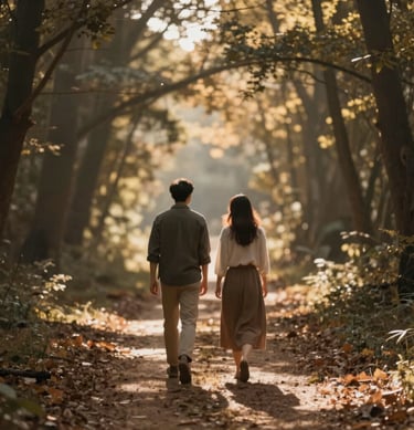 A cinematic shot of a couple walking away into a sun-drenched forest path, soft sunbeams filtering through trees. Warm earthy #8C4C38 tones.