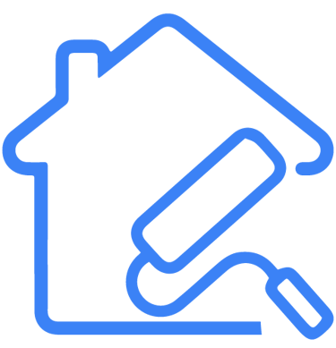 Blue line icon of a house and paint roller for home renovation and interior painting services.